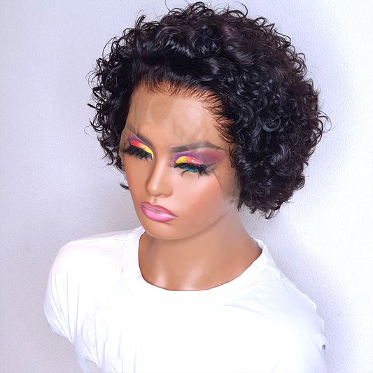 Pixie Cut Human Hair Wig 13x4 Lace Front Deep Curly Short Bob Wigs Peruvian Remy Pre Plucked Frontal Hair180% Density  For Women