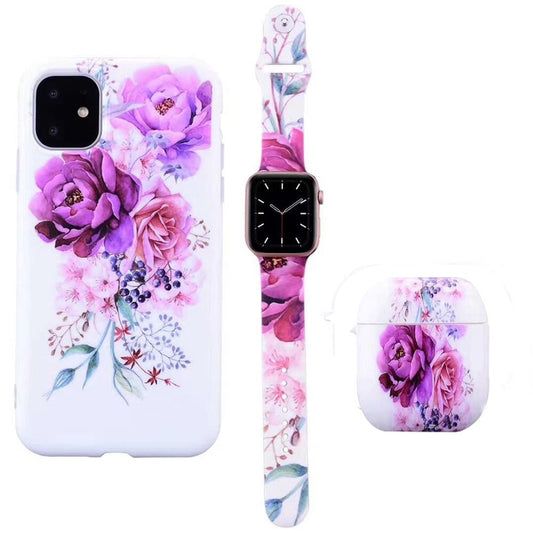 Watch Band Strap +Earphone Airpods 1/2 Case +For iPhone 12 Mini 12 11 Pro Max X XS MAX XR 7 8 Plus Fashion Flower Pattern Case
