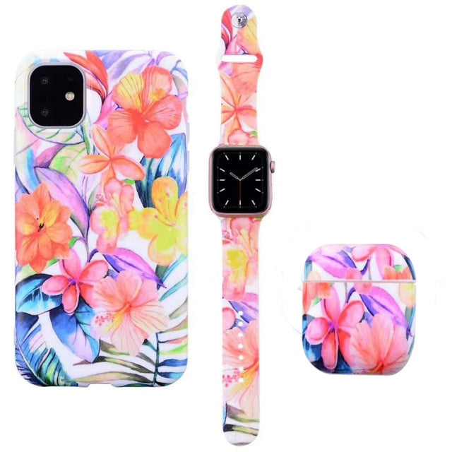 Watch Band Strap +Earphone Airpods 1/2 Case +For iPhone 12 Mini 12 11 Pro Max X XS MAX XR 7 8 Plus Fashion Flower Pattern Case