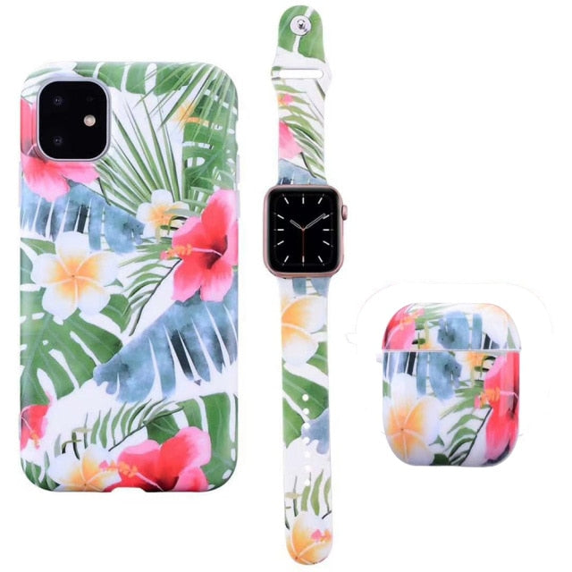 Watch Band Strap +Earphone Airpods 1/2 Case +For iPhone 12 Mini 12 11 Pro Max X XS MAX XR 7 8 Plus Fashion Flower Pattern Case