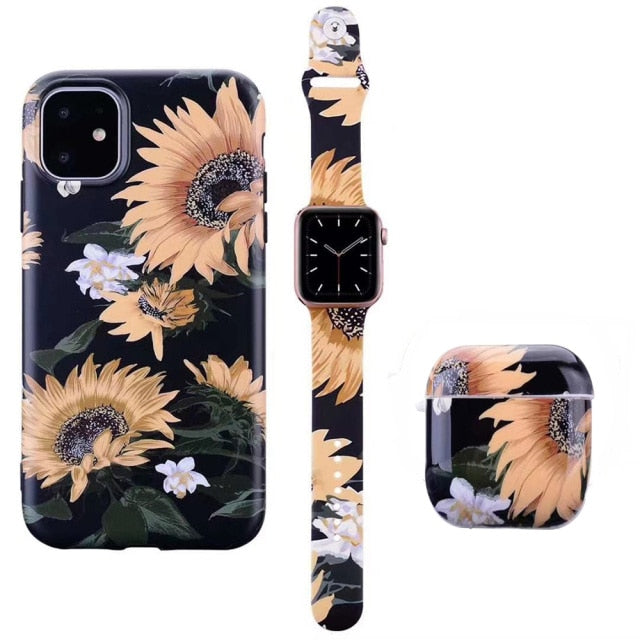 Watch Band Strap +Earphone Airpods 1/2 Case +For iPhone 12 Mini 12 11 Pro Max X XS MAX XR 7 8 Plus Fashion Flower Pattern Case