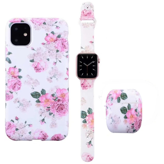 Watch Band Strap +Earphone Airpods 1/2 Case +For iPhone 12 Mini 12 11 Pro Max X XS MAX XR 7 8 Plus Fashion Flower Pattern Case