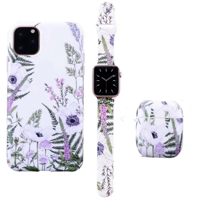 Watch Band Strap +Earphone Airpods 1/2 Case +For iPhone 12 Mini 12 11 Pro Max X XS MAX XR 7 8 Plus Fashion Flower Pattern Case