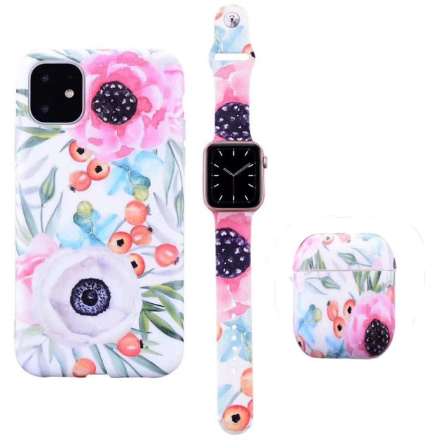 Watch Band Strap +Earphone Airpods 1/2 Case +For iPhone 12 Mini 12 11 Pro Max X XS MAX XR 7 8 Plus Fashion Flower Pattern Case
