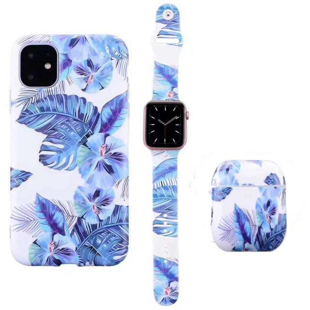 Watch Band Strap +Earphone Airpods 1/2 Case +For iPhone 12 Mini 12 11 Pro Max X XS MAX XR 7 8 Plus Fashion Flower Pattern Case
