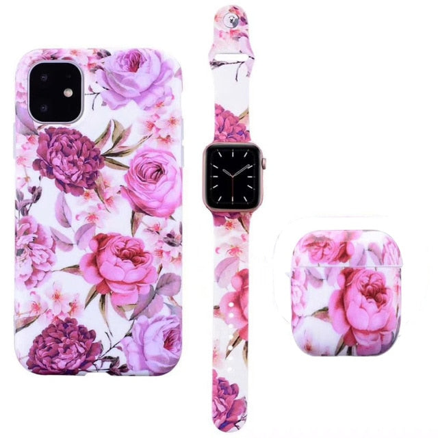 Watch Band Strap +Earphone Airpods 1/2 Case +For iPhone 12 Mini 12 11 Pro Max X XS MAX XR 7 8 Plus Fashion Flower Pattern Case