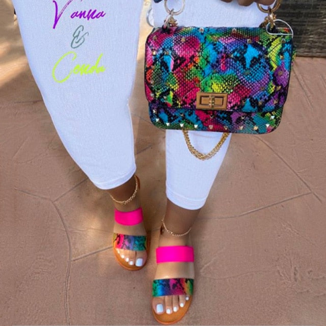 Fashion Summer Snakeskin Slides and Purses Set Candy Beach Slippers Women Non-slip Ladies Shoes Sandals 2 Two Strap Flip Flops