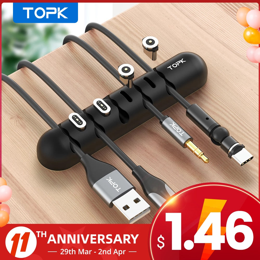 TOPK Cable Organizer & Magnetic Plug Box Silicone USB Cable Winder Flexible Cable Management Clips for Mouse Earphone Holder