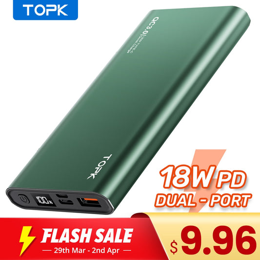 TOPK Power Bank 10000mAh Portable Charger LED External Battery PowerBank PD Two-way Fast Charging PoverBank for iPhone Xiaomi mi
