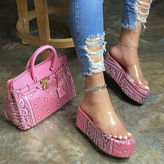 Bandana Print Platform Heels Sandals Women Wedge Shoes And Handbag Clear Band Slippers For Summer Sapatos Das Mulheres