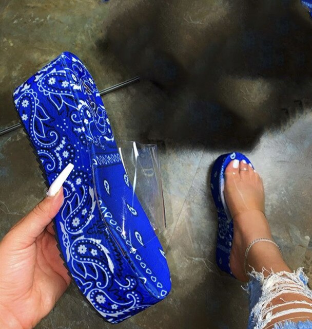 Bandana Print Platform Heels Sandals Women Wedge Shoes And Handbag Clear Band Slippers For Summer Sapatos Das Mulheres