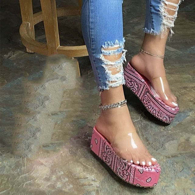 Bandana Print Platform Heels Sandals Women Wedge Shoes And Handbag Clear Band Slippers For Summer Sapatos Das Mulheres