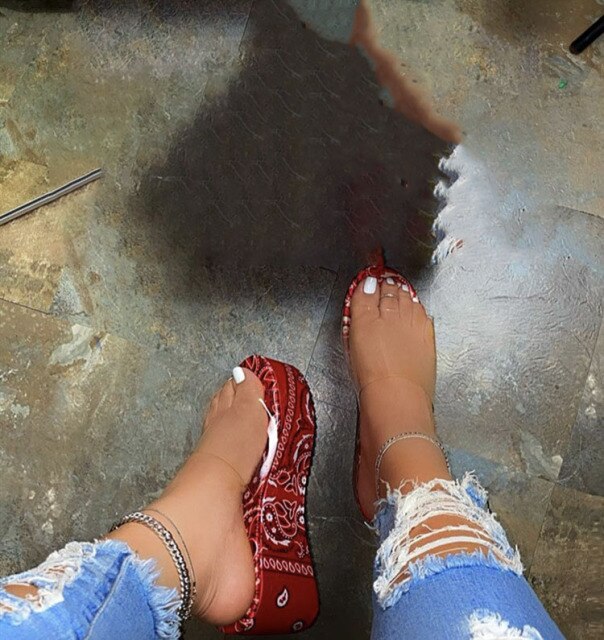 Bandana Print Platform Heels Sandals Women Wedge Shoes And Handbag Clear Band Slippers For Summer Sapatos Das Mulheres
