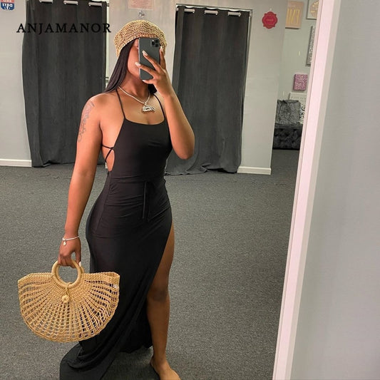 ANJAMANOR Black Assymetric Backless High Split Maxi Dresses Sexy Club Outfits for Women Vacation Beach Clothes D35-BI24