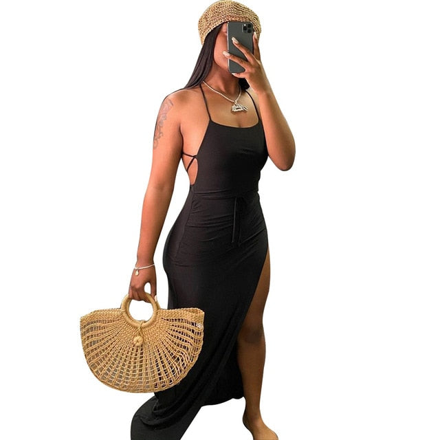 ANJAMANOR Black Assymetric Backless High Split Maxi Dresses Sexy Club Outfits for Women Vacation Beach Clothes D35-BI24