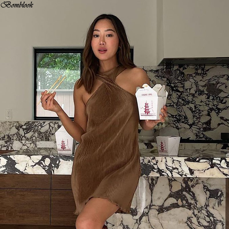 Bomblook 2021 Solid Cross Halter Off Shoulder Knitting Loose Mini Dress Summer Women Fashion Party Outfits