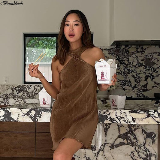 Bomblook 2021 Solid Cross Halter Off Shoulder Knitting Loose Mini Dress Summer Women Fashion Party Outfits