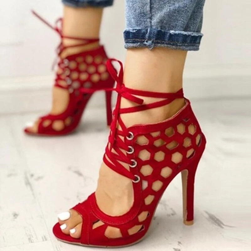 SHENGY 2021 Women Thin Heels Shoes Summer New Snakeskin Pattern Stitching Pumps Thin Belt Combination Roman Lace Up Sandals