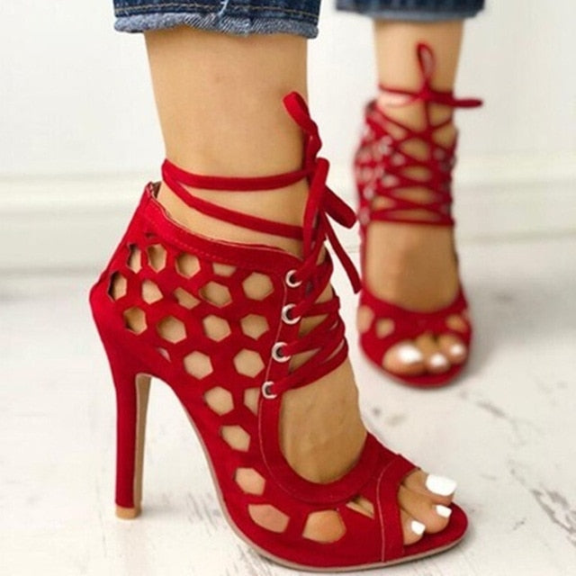 SHENGY 2021 Women Thin Heels Shoes Summer New Snakeskin Pattern Stitching Pumps Thin Belt Combination Roman Lace Up Sandals