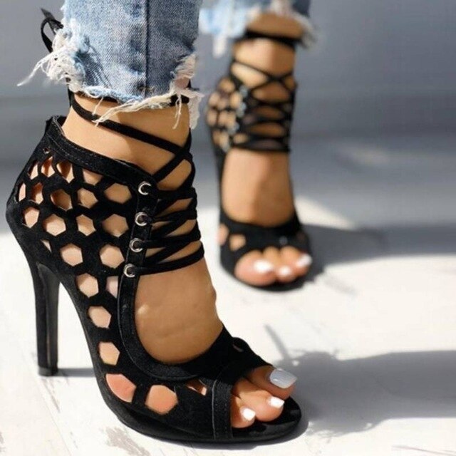 SHENGY 2021 Women Thin Heels Shoes Summer New Snakeskin Pattern Stitching Pumps Thin Belt Combination Roman Lace Up Sandals