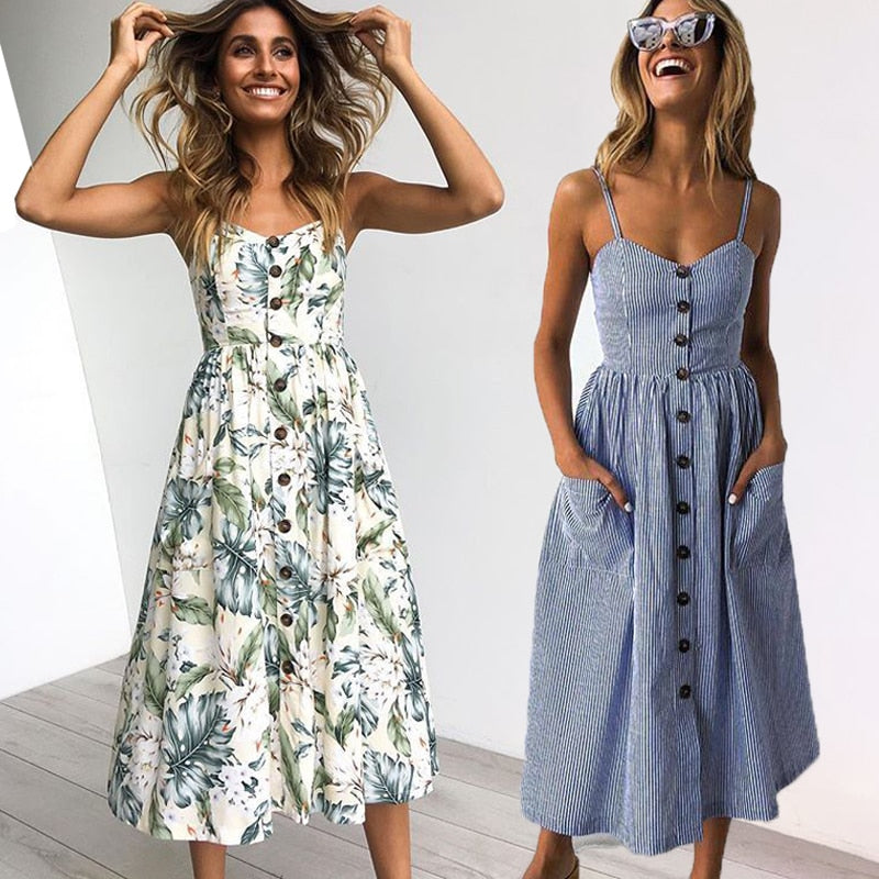 Vintage Casual Sundress Female Beach Dress Midi Button Backless Polka Dot Striped Women Dress Summer 2021 Boho Sexy Floral Dress