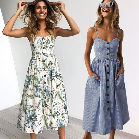 Vintage Casual Sundress Female Beach Dress Midi Button Backless Polka Dot Striped Women Dress Summer 2021 Boho Sexy Floral Dress