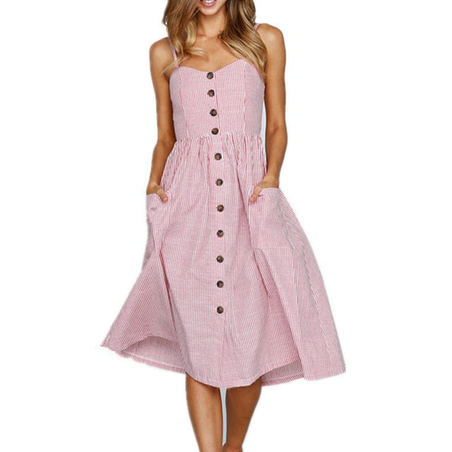 Vintage Casual Sundress Female Beach Dress Midi Button Backless Polka Dot Striped Women Dress Summer 2021 Boho Sexy Floral Dress