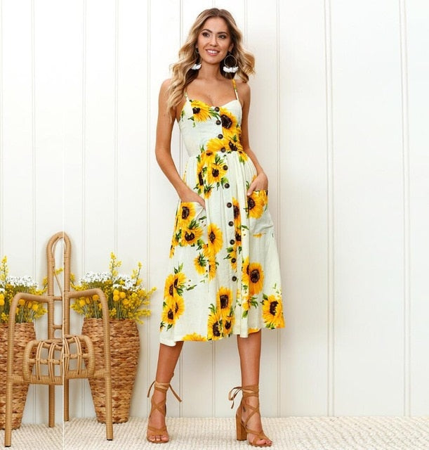 Vintage Casual Sundress Female Beach Dress Midi Button Backless Polka Dot Striped Women Dress Summer 2021 Boho Sexy Floral Dress
