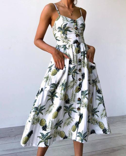 Vintage Casual Sundress Female Beach Dress Midi Button Backless Polka Dot Striped Women Dress Summer 2021 Boho Sexy Floral Dress