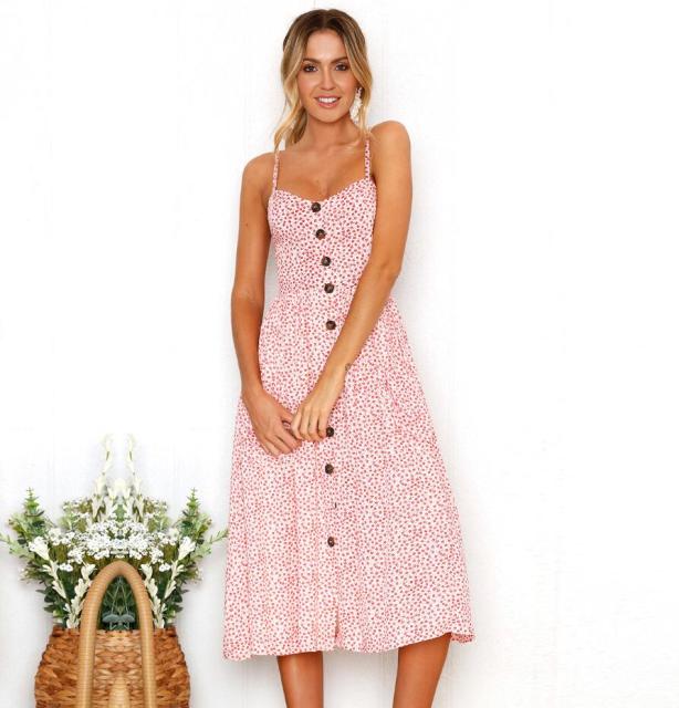 Vintage Casual Sundress Female Beach Dress Midi Button Backless Polka Dot Striped Women Dress Summer 2021 Boho Sexy Floral Dress