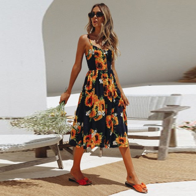 Vintage Casual Sundress Female Beach Dress Midi Button Backless Polka Dot Striped Women Dress Summer 2021 Boho Sexy Floral Dress