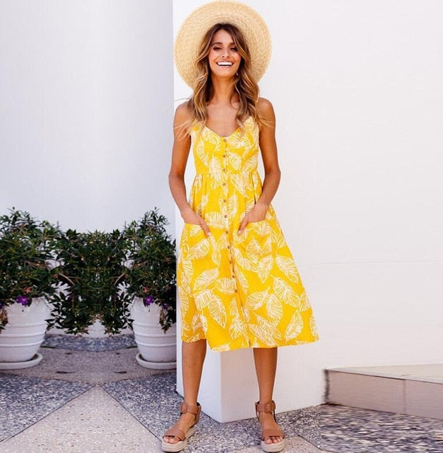 Vintage Casual Sundress Female Beach Dress Midi Button Backless Polka Dot Striped Women Dress Summer 2021 Boho Sexy Floral Dress