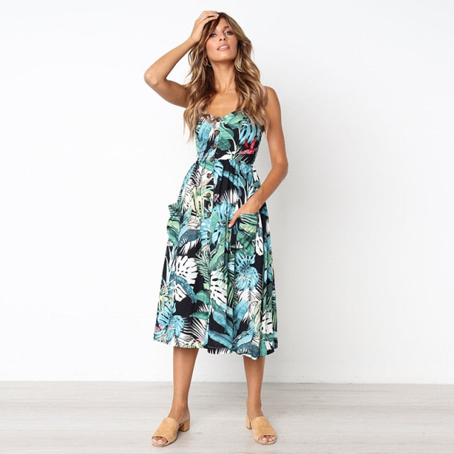 Vintage Casual Sundress Female Beach Dress Midi Button Backless Polka Dot Striped Women Dress Summer 2021 Boho Sexy Floral Dress