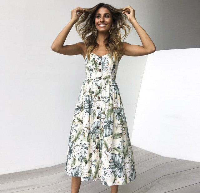 Vintage Casual Sundress Female Beach Dress Midi Button Backless Polka Dot Striped Women Dress Summer 2021 Boho Sexy Floral Dress