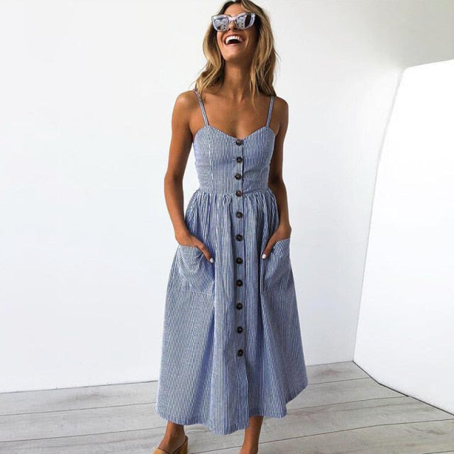 Vintage Casual Sundress Female Beach Dress Midi Button Backless Polka Dot Striped Women Dress Summer 2021 Boho Sexy Floral Dress