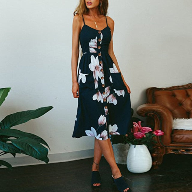 Vintage Casual Sundress Female Beach Dress Midi Button Backless Polka Dot Striped Women Dress Summer 2021 Boho Sexy Floral Dress