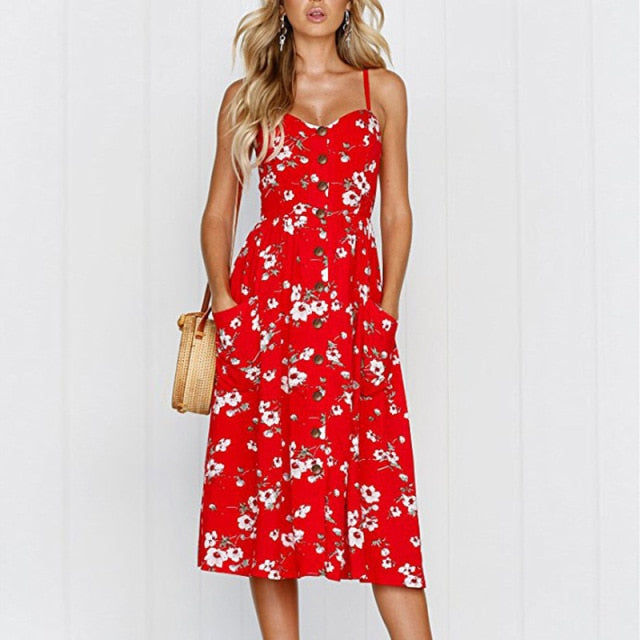 Vintage Casual Sundress Female Beach Dress Midi Button Backless Polka Dot Striped Women Dress Summer 2021 Boho Sexy Floral Dress