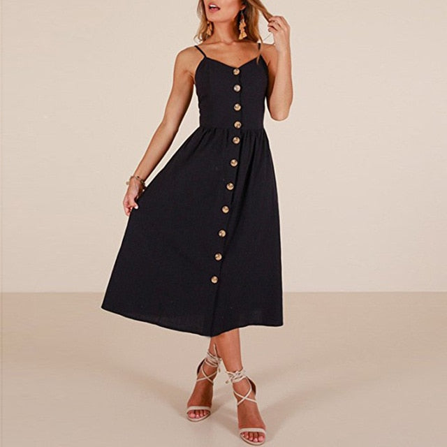 Vintage Casual Sundress Female Beach Dress Midi Button Backless Polka Dot Striped Women Dress Summer 2021 Boho Sexy Floral Dress
