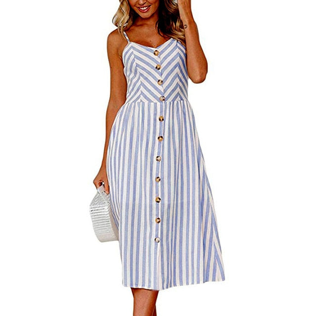 Vintage Casual Sundress Female Beach Dress Midi Button Backless Polka Dot Striped Women Dress Summer 2021 Boho Sexy Floral Dress