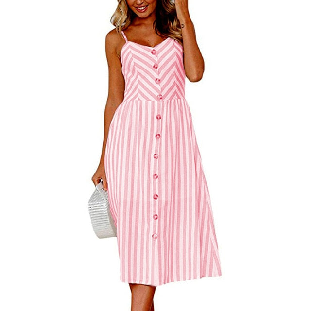 Vintage Casual Sundress Female Beach Dress Midi Button Backless Polka Dot Striped Women Dress Summer 2021 Boho Sexy Floral Dress