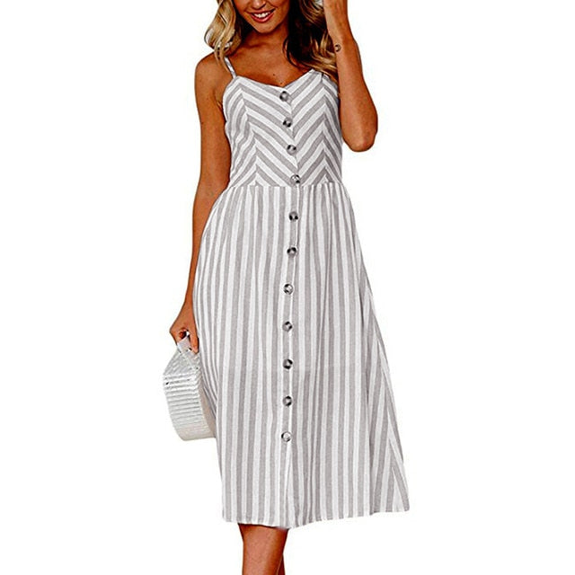 Vintage Casual Sundress Female Beach Dress Midi Button Backless Polka Dot Striped Women Dress Summer 2021 Boho Sexy Floral Dress