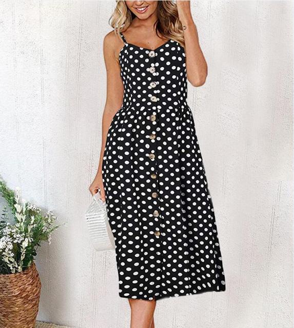Vintage Casual Sundress Female Beach Dress Midi Button Backless Polka Dot Striped Women Dress Summer 2021 Boho Sexy Floral Dress