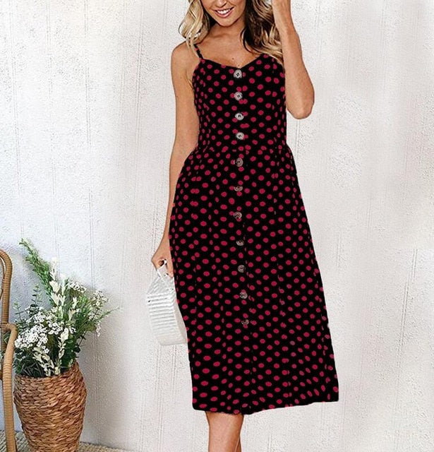 Vintage Casual Sundress Female Beach Dress Midi Button Backless Polka Dot Striped Women Dress Summer 2021 Boho Sexy Floral Dress