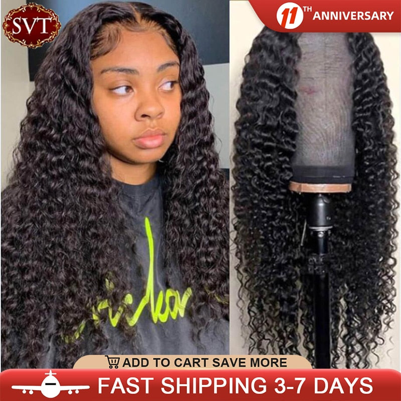 SVT Indian Deep Curly Lace Front Wig Human Hair Wigs For Black Women Deep Wave 4x4 Glueless Lace Closure Wig Prelucked Hairline