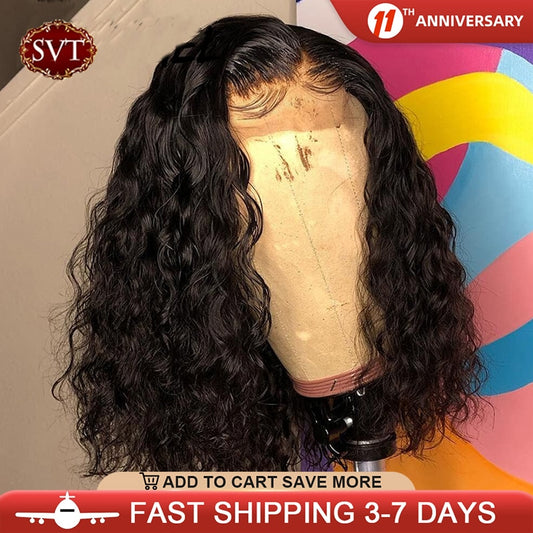 SVT Brazilian Water Wave Short Bob 4x4 Closure Wig Human Hair Lace Wigs Wavy Curly Bob Wigs For Women Pre Plucked Lace Wig