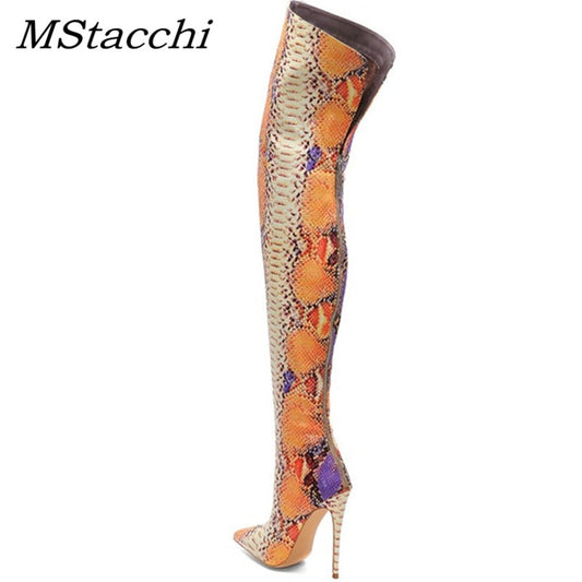 MStacchi Plus Size 34-45 Women's over-the-knee Boots Sexy Pointed Toe Snakeskin Boots High Heels Party Ladeis Shoes Botas Mujer