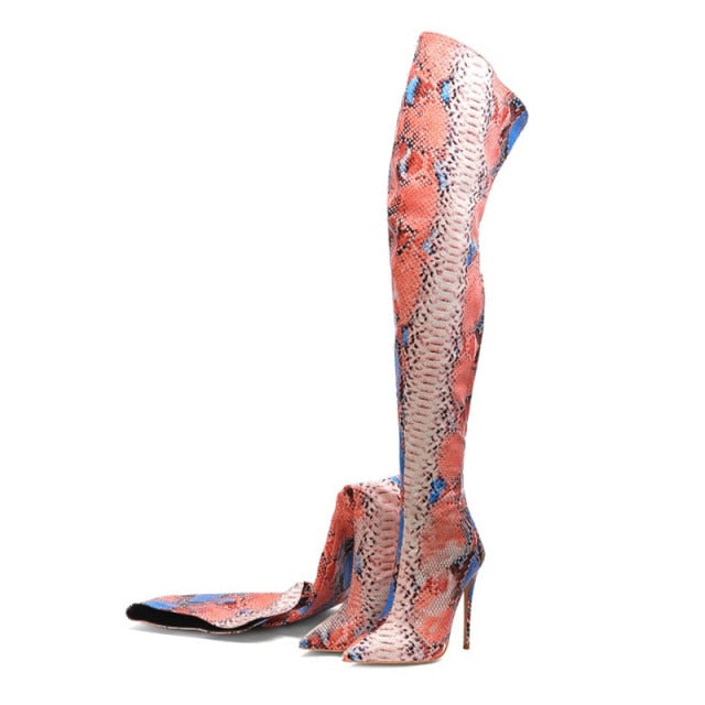 MStacchi Plus Size 34-45 Women's over-the-knee Boots Sexy Pointed Toe Snakeskin Boots High Heels Party Ladeis Shoes Botas Mujer