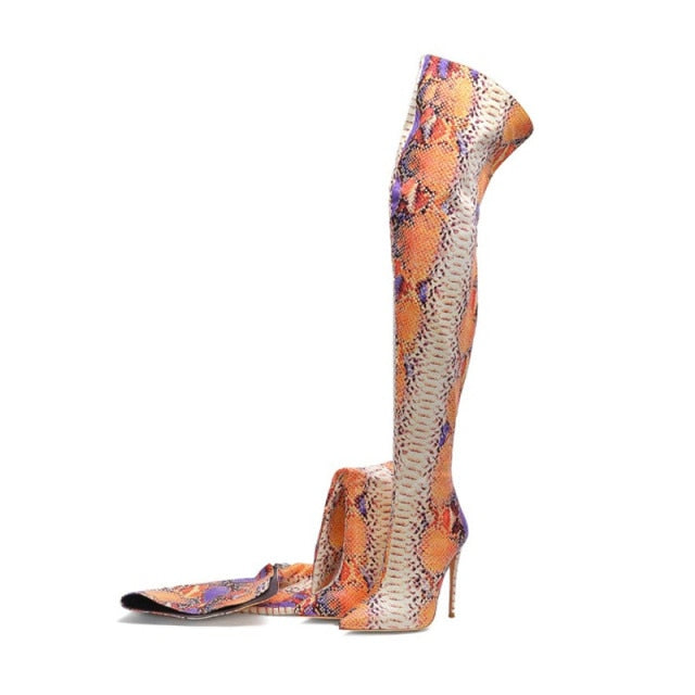 MStacchi Plus Size 34-45 Women's over-the-knee Boots Sexy Pointed Toe Snakeskin Boots High Heels Party Ladeis Shoes Botas Mujer