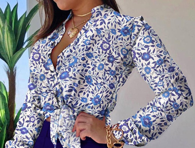 Women Long Sleeve Floral Printed Tie Knot Top Blouse Casual Spring Shirts Female