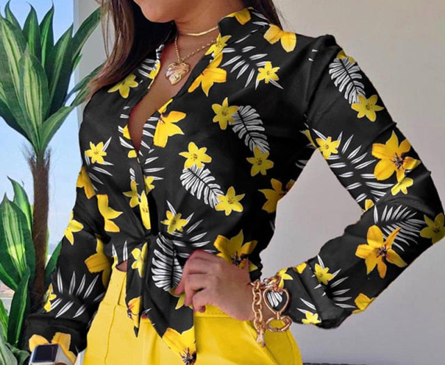 Women Long Sleeve Floral Printed Tie Knot Top Blouse Casual Spring Shirts Female